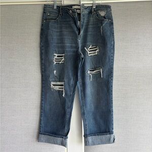 Distressed High Rise Boyfriend Style Blue Jeans with Cuff